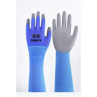 Dark Blue Lengthen Grey PU Coated Glove